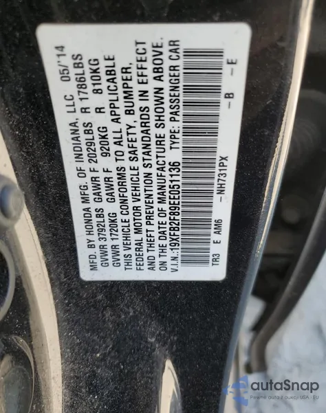 2014 Honda Civic Ex из США, поврежденный, VIN 19XFB2F89EE051136